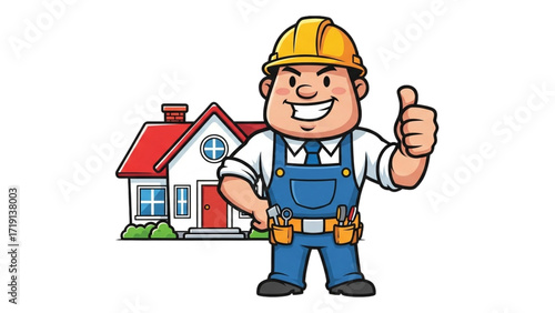 Cartoon Builder Character with Thumb Up in Front of Home
