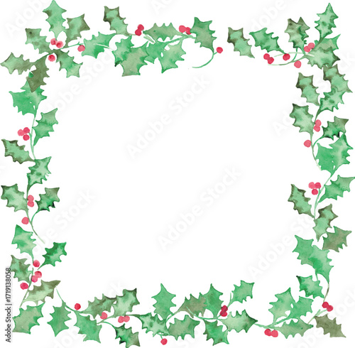 水彩画。水彩タッチのクリスマスひいらぎイラスト。12月のクリスマスフレーム。緑の柊ベクターイラスト。Watercolor painting. Christmas holly illustration with watercolor touch. Christmas frame in December. Green holly vector illustration.