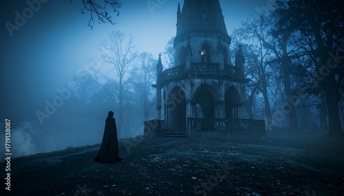 Mysterious cloaked figure before gothic tower in misty night