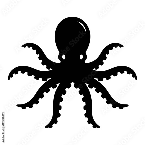 A simple black silhouette of an octopus with eight tentacles spread out, viewed from above on a white background.