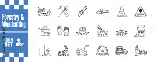 Forestry and woodcutting icon set collection of vector line icons tractor, pickaxe, chainsaw, cone, warning sign, wheelbarrow, gloves, stump, fertilizer