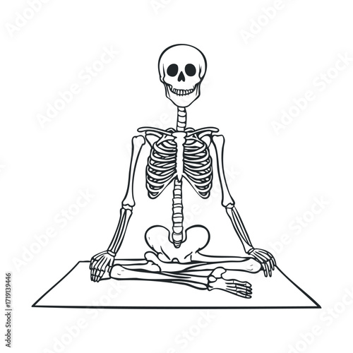 Skeleton practicing yoga in a relaxed pose for wellness and balance. Vector illustration