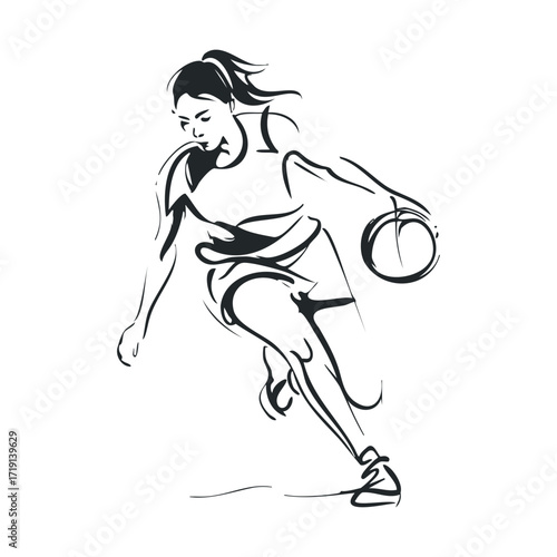 Dynamic basketball player dribbling in action during game play. Vector illustration