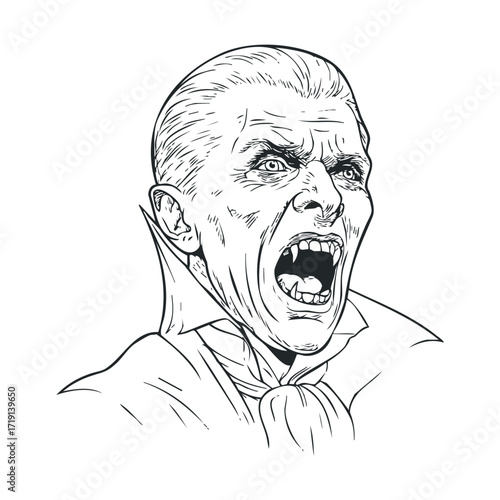 Vintage vampire character with menacing expression and fangs. Vector illustration