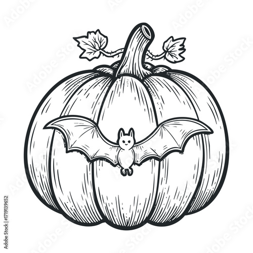 Cute bat resting on a pumpkin for Halloween celebration design. Vector illustration