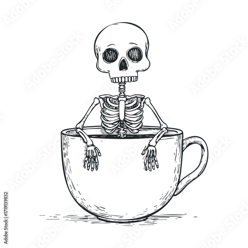 Skeleton enjoying a hot beverage in a large cup. Vector illustration