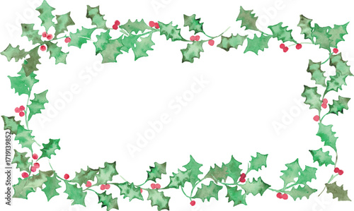 水彩画。水彩タッチのクリスマスひいらぎイラスト。12月のクリスマスフレーム。緑の柊ベクターイラスト。Watercolor painting. Christmas holly illustration with watercolor touch. Christmas frame in December. Green holly vector illustration.