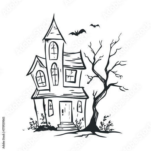 Spooky haunted house with bats and eerie tree for Halloween decor. Vector illustration