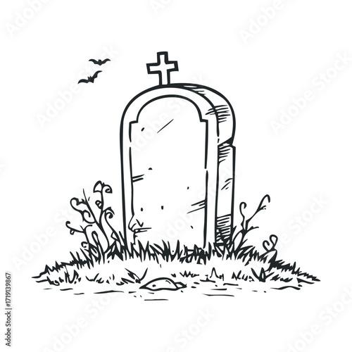 Vintage grave marker with cross and surrounding vegetation. Vector illustration