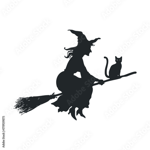 Witches flying on broomsticks with black cats for Halloween decor. Vector illustration