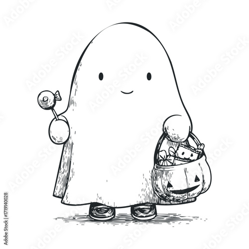 Cute ghost character celebrating Halloween with a treat bag. Vector illustration