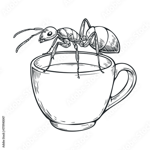 Ant balancing on edge of coffee cup during creative illustration. Vector illustration