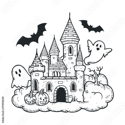 Halloween castle with ghosts and bats for festive decorations. Vector illustration