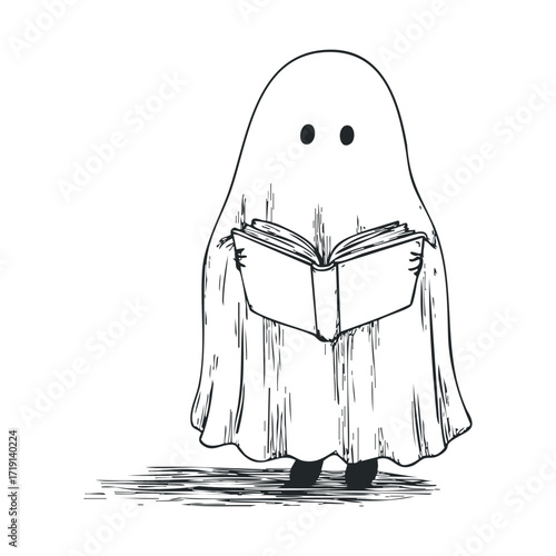 Cute ghost reading a book for Halloween celebration. Vector illustration
