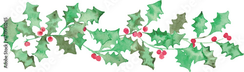 水彩画。水彩タッチのクリスマスひいらぎイラスト。12月のクリスマスフレーム。緑の柊ベクターイラスト。Watercolor painting. Christmas holly illustration with watercolor touch. Christmas frame in December. Green holly vector illustration.