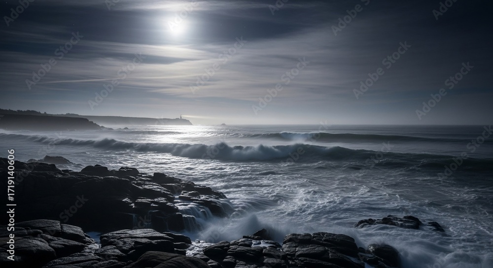 Fototapeta premium Moonlight Waves Crashing on Rocky Shore with Distant Lighthouse Beacon