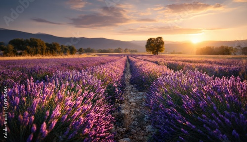 Lavender field at sunset, rows of purple flowers, single tree, golden light