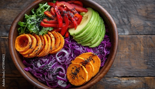 Colorful bowl of vibrant salad with sliced sweet potato, avocado, red bell pepper, and purple cabbage