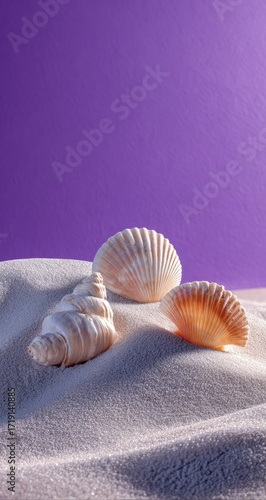 Three seashells on a bed of sand against a vibrant purple backdrop