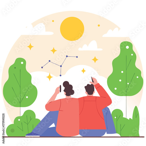 Abstract illustration of a couple gazing at the sun and a constellation in the sky.