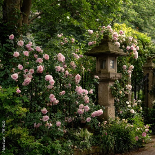 Lush pink roses cascade over a stone Japanese-style gate