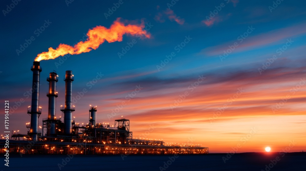 Fototapeta premium Oil refinery flaring gas at sunset, industrial pollution concept