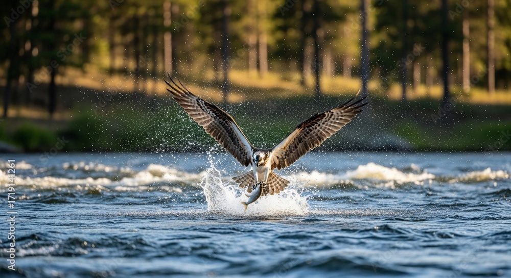 Obraz premium Osprey Soaring with Fish, Capturing the Moment of a Successful Hunt