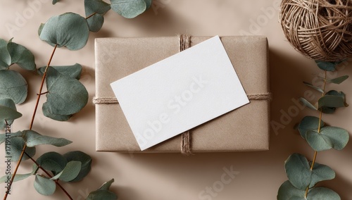 A blank card rests on a kraft paper gift box, surrounded by eucalyptus sprigs and twine
