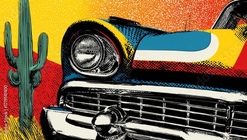 Vintage car, pop art style, desert scene