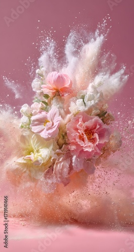 Pink flowers burst in powder explosion