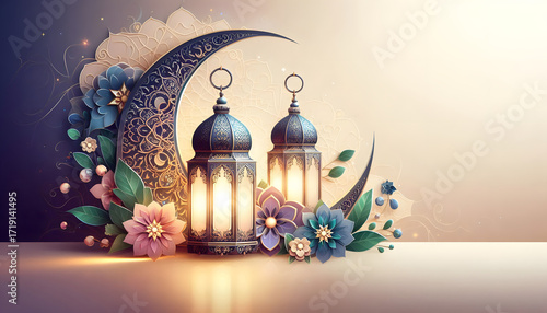 crescent moon at night with lantern decoration