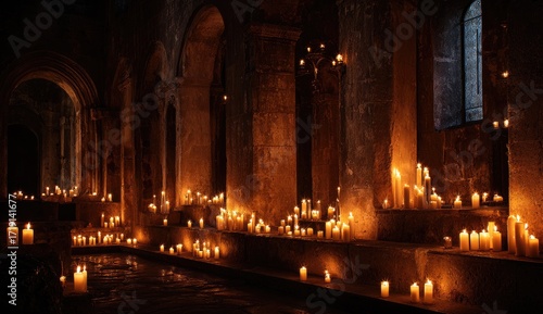 Many candles illuminate a historic, vaulted, stone room