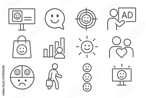 Mood-Based Icon Set. Outline icon set of Mood-based advertising: ad board icon, happy face bubble, targeted ad