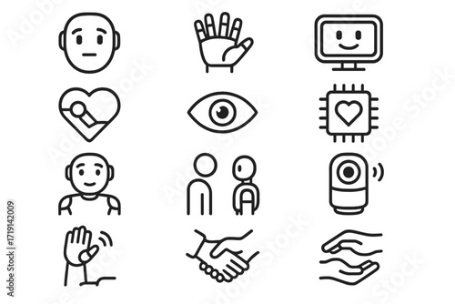 Emotional Robotics Icons. Outline icon set of Emotional robotics: robot face, humanoid hand, digital smile,