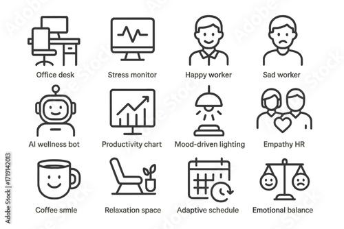 Adaptive Workplace Icons. Outline icon set of Adaptive workplaces: office desk, stress monitor, happy worker,