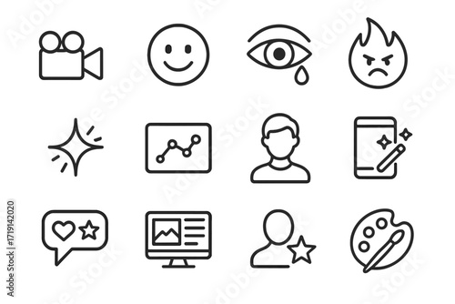 Emotion Icon Grid. Outline icon set of Emotion-driven content creation: video camera, happy face icon, sad eye