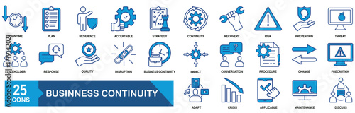 business continuity icon set collection in outline style. an icon pack contain downtime, plan, resilience, acceptable, strategy, continuity 