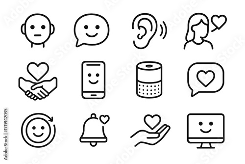 Emotional AI Icons. Outline icon set of Emotional digital assistants: AI head, smile chat bubble, listening