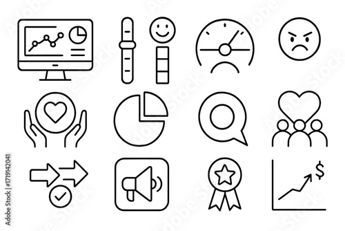 Emotional Marketing Icons. Outline icon set of Emotional marketing dashboards: analytics screen, joy bar,