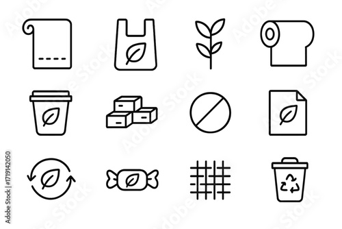 Eco-Friendly Material Icons. Outline icon set of Cellulose materials: cellulose film, transparent eco-bag,