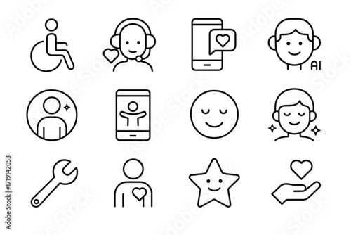Emotional Accessibility Icons. Outline icon set of Emotional accessibility: wheelchair icon, empathy headset,