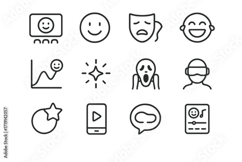 Emotion Icon Set. Outline icon set of Emotion-based entertainment: movie screen, happy face, sad drama mask,