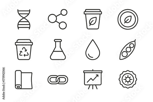 Biopolymer Innovation Icons. Outline icon set of Biopolymer innovations: polymer strand, molecule icon, eco