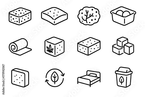 Organic Foams Icon Set. Outline icon set of Organic foams: sponge block, eco cushion, mycelium foam,