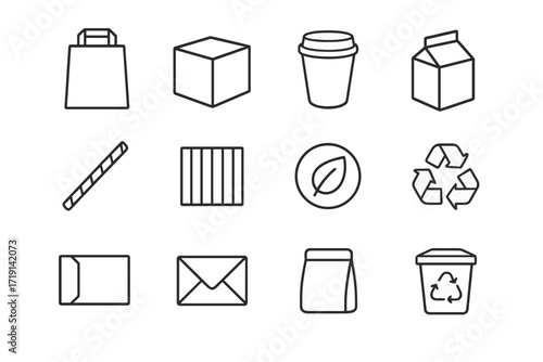 Paper Packaging Icons. Outline icon set of Paper-based packaging: kraft bag, paper box, paper cup, folded