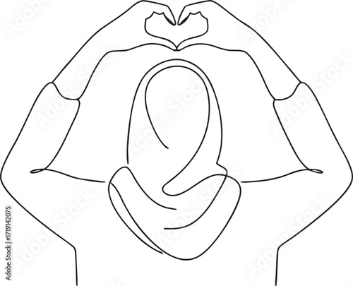 Woman in hijab forms heart shape with hands line art