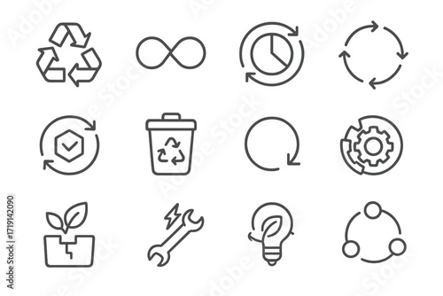 Sustainable Icons Grid. Outline icon set of Circular design systems: recycling arrows, infinite loop, eco
