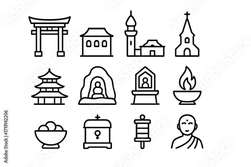 Sacred Sites Icon Set. Outline icon set of Sacred sites exploration: temple gate, monastery, mosque minaret,
