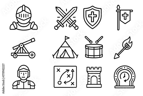 Historic Battle Icons. Outline icon set of Recreated historic battles: knight armor, sword clash, shield