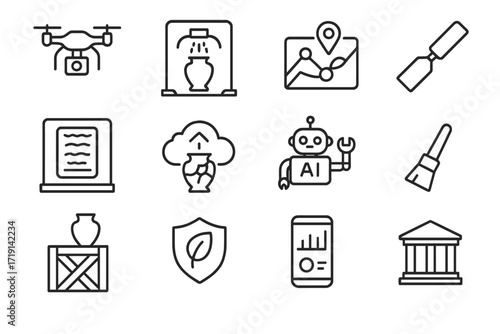 Heritage Tech Icons. Outline icon set of Heritage preservation tech: drone camera, 3D scan icon, digital map,
